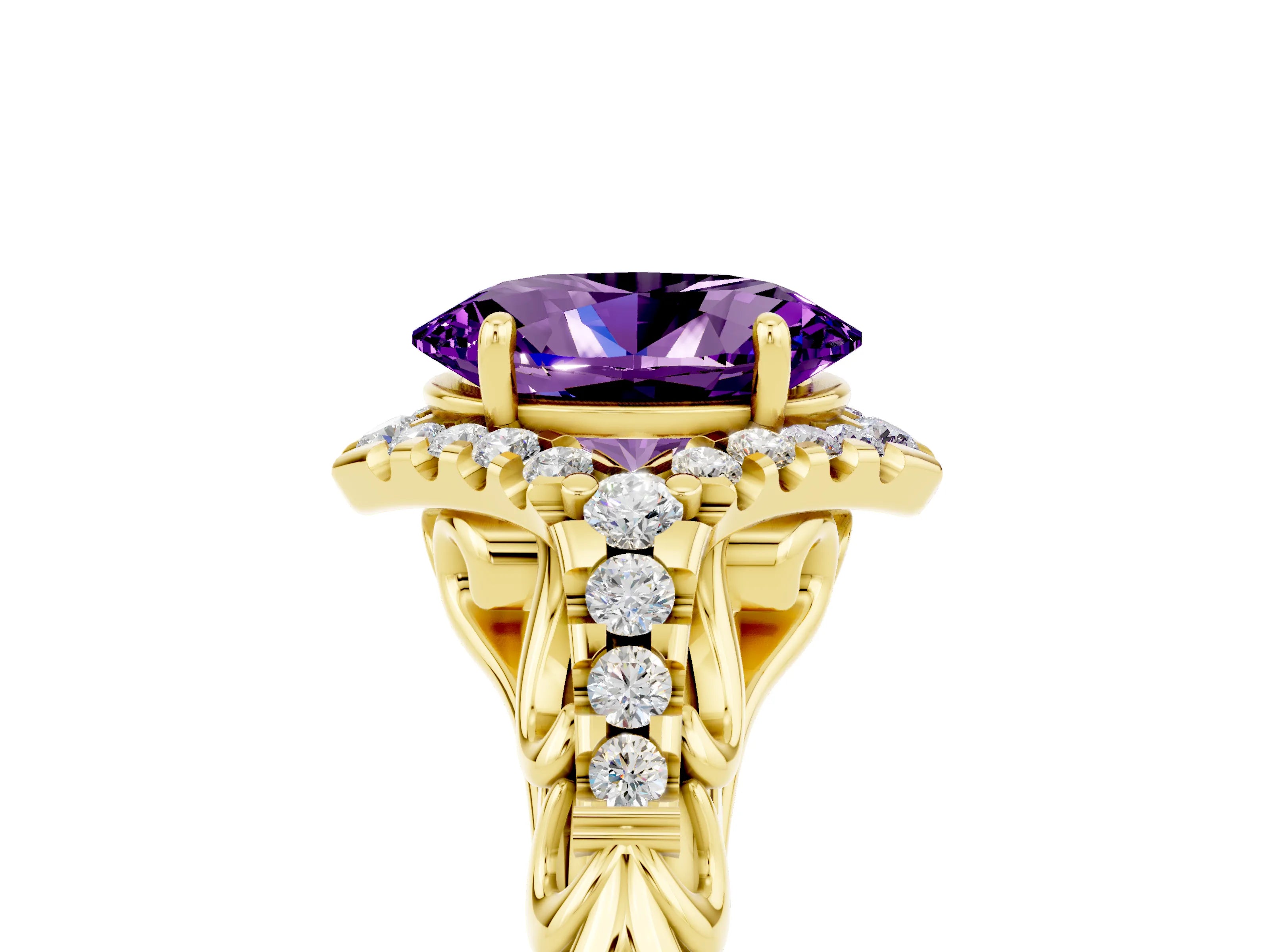 Yellow gold Oval Cut Amethyst Solitaire Ring with Hidden Halo and Pavé Band_17