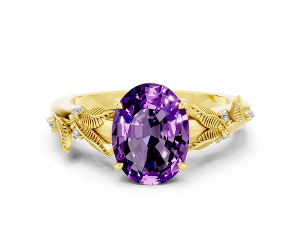 Yellow gold Oval Cut Amethyst Solitaire Ring with Leaf Motif Band and Four-Prong Setting