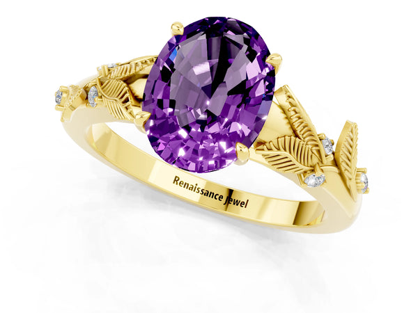 Yellow gold Oval Cut Amethyst Solitaire Ring with Leaf Motif Band and Four-Prong Setting