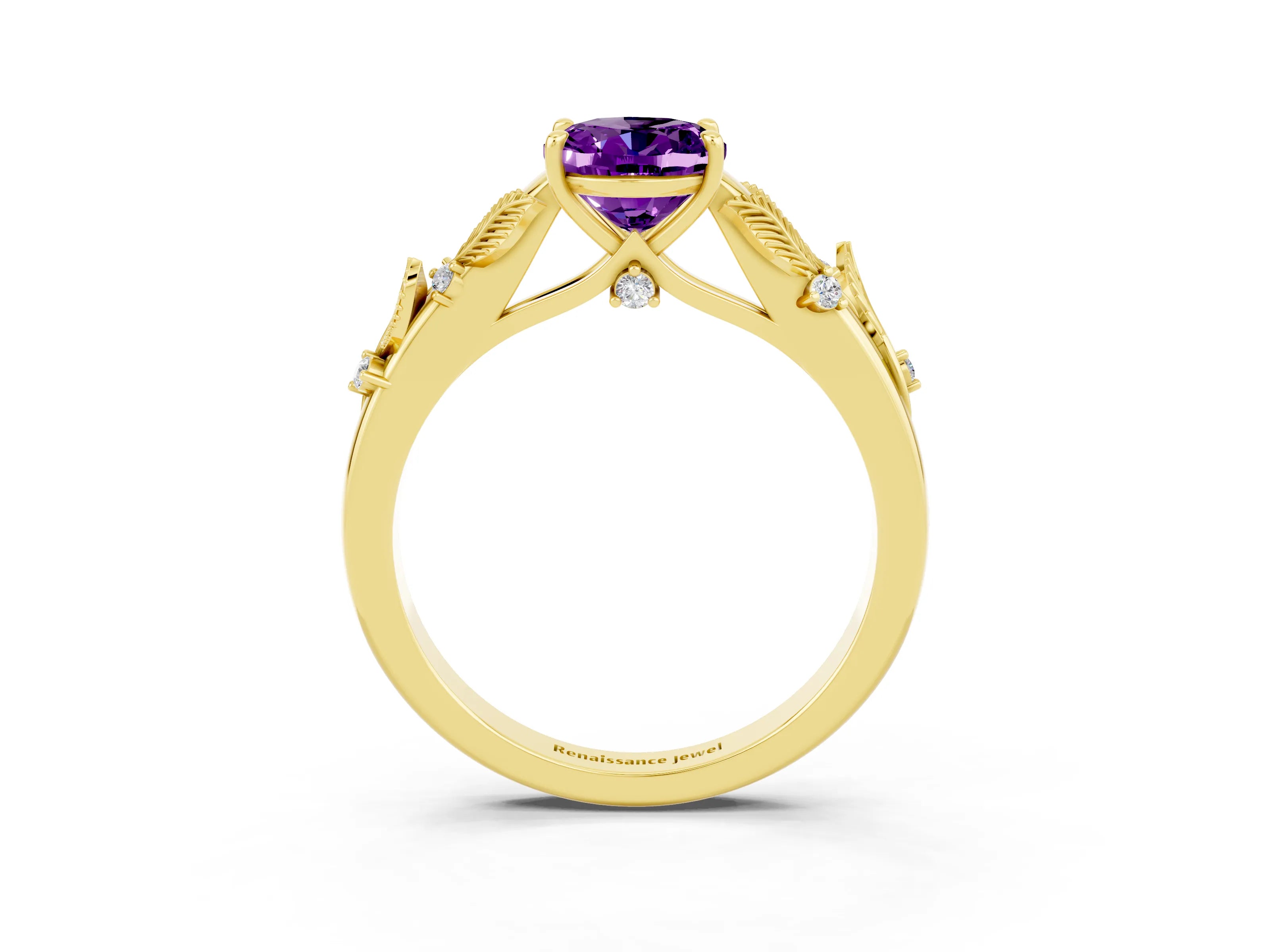 Yellow gold Oval Cut Amethyst Solitaire Ring with Leaf Motif Band and Four-Prong Setting_3