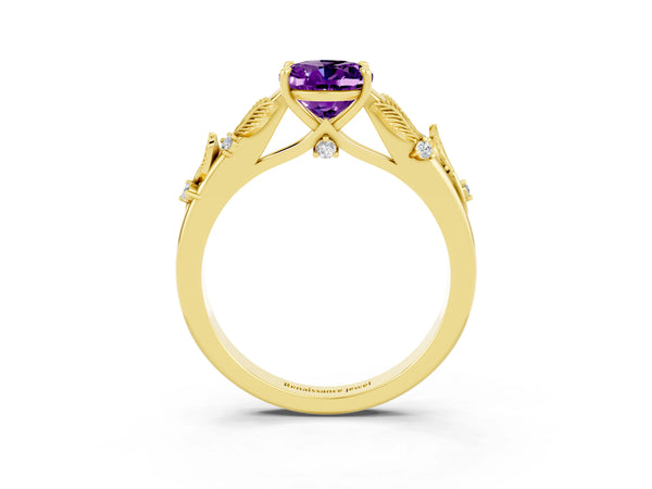 Yellow gold Oval Cut Amethyst Solitaire Ring with Leaf Motif Band and Four-Prong Setting