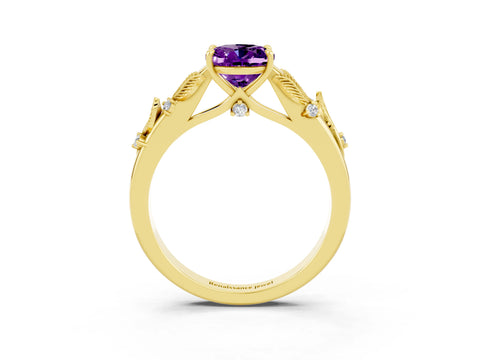 Yellow gold Oval Cut Amethyst Solitaire Ring with Leaf Motif Band and Four-Prong Setting_3