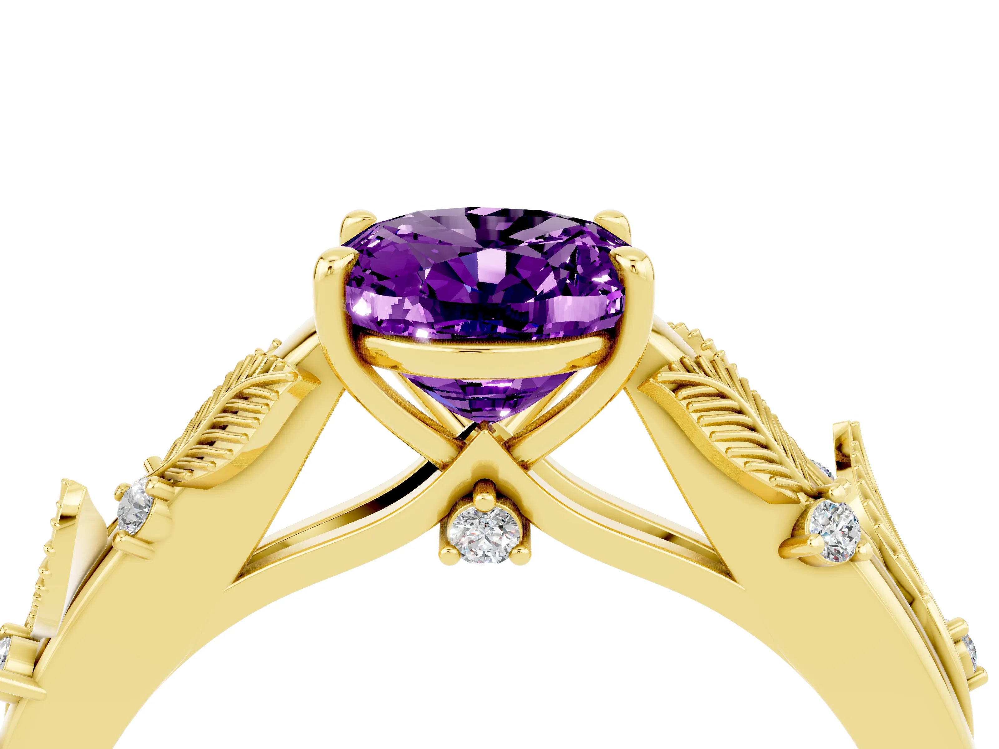 Yellow gold Oval Cut Amethyst Solitaire Ring with Leaf Motif Band and Four-Prong Setting_4