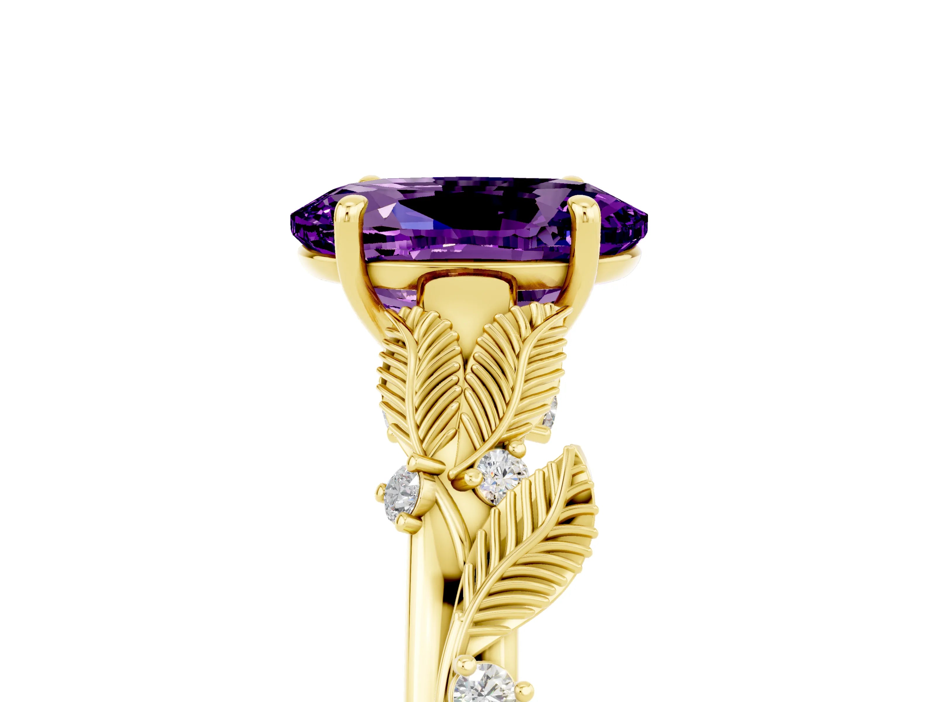 Yellow gold Oval Cut Amethyst Solitaire Ring with Leaf Motif Band and Four-Prong Setting_5