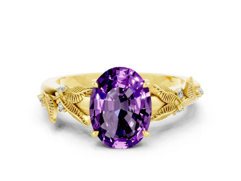 Yellow gold Oval Cut Amethyst Solitaire Ring with Leaf Motif Band and Four-Prong Setting