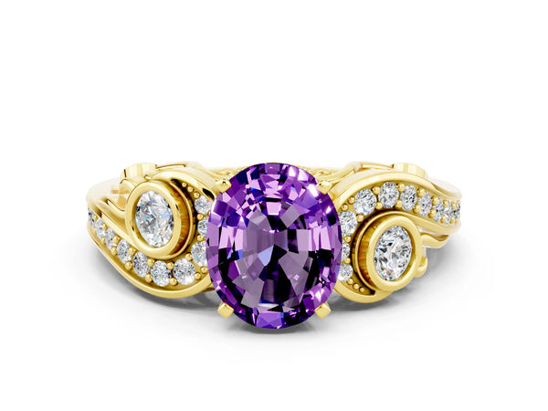 Yellow gold Oval Cut Amethyst Solitaire Ring with Milgrain Pavé Band and Four-Prong Setting