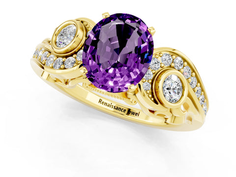 Yellow gold Oval Cut Amethyst Solitaire Ring with Milgrain Pavé Band and Four-Prong Setting_37