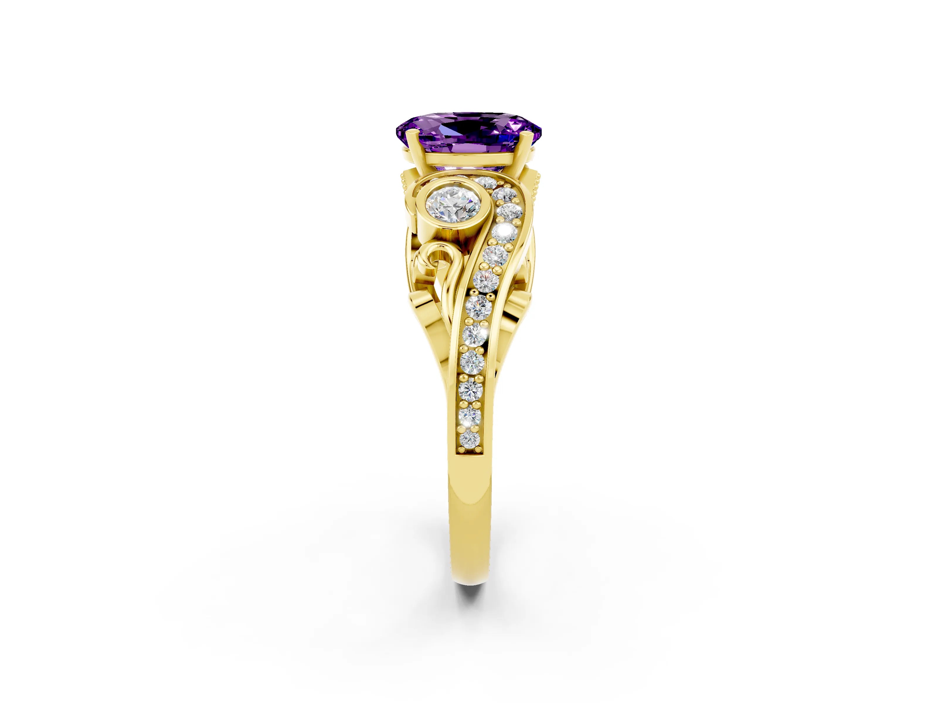 Yellow gold Oval Cut Amethyst Solitaire Ring with Milgrain Pavé Band and Four-Prong Setting_38