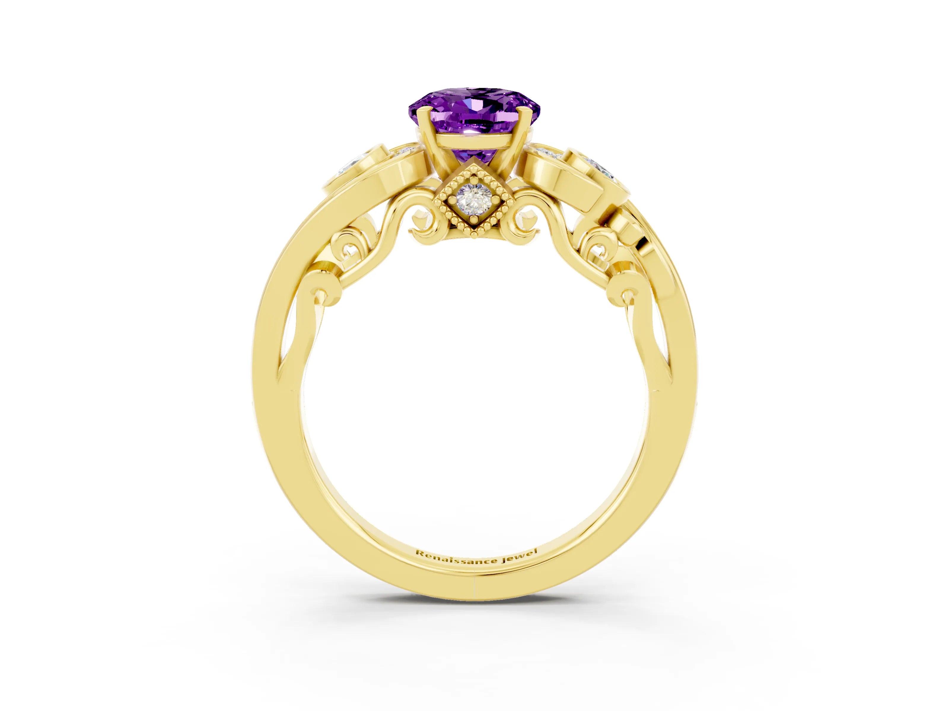 Yellow gold Oval Cut Amethyst Solitaire Ring with Milgrain Pavé Band and Four-Prong Setting_39