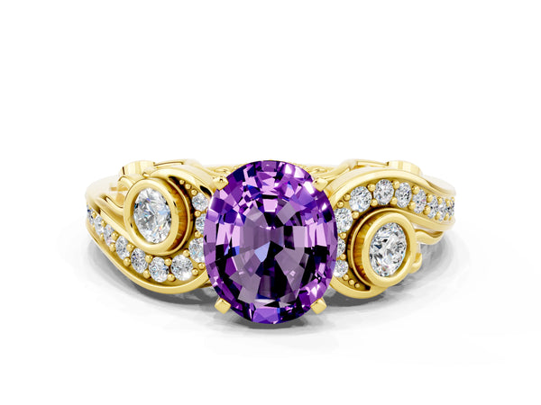 Yellow gold Oval Cut Amethyst Solitaire Ring with Milgrain Pavé Band and Four-Prong Setting