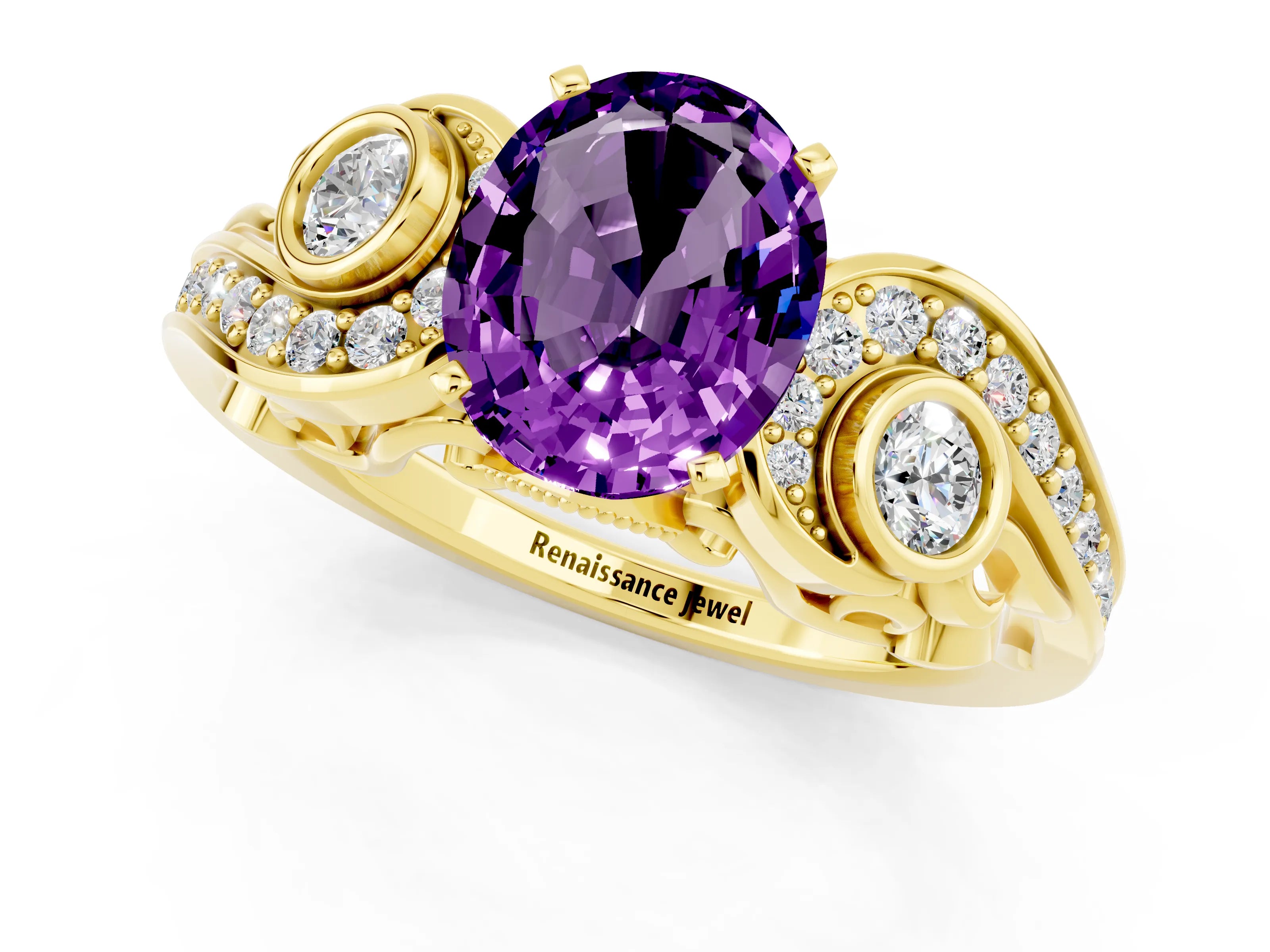 Yellow gold Oval Cut Amethyst Solitaire Ring with Milgrain Pavé Band and Four-Prong Setting_49