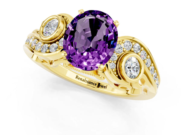 Yellow gold Oval Cut Amethyst Solitaire Ring with Milgrain Pavé Band and Four-Prong Setting