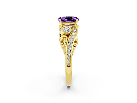 Yellow gold Oval Cut Amethyst Solitaire Ring with Milgrain Pavé Band and Four-Prong Setting_50