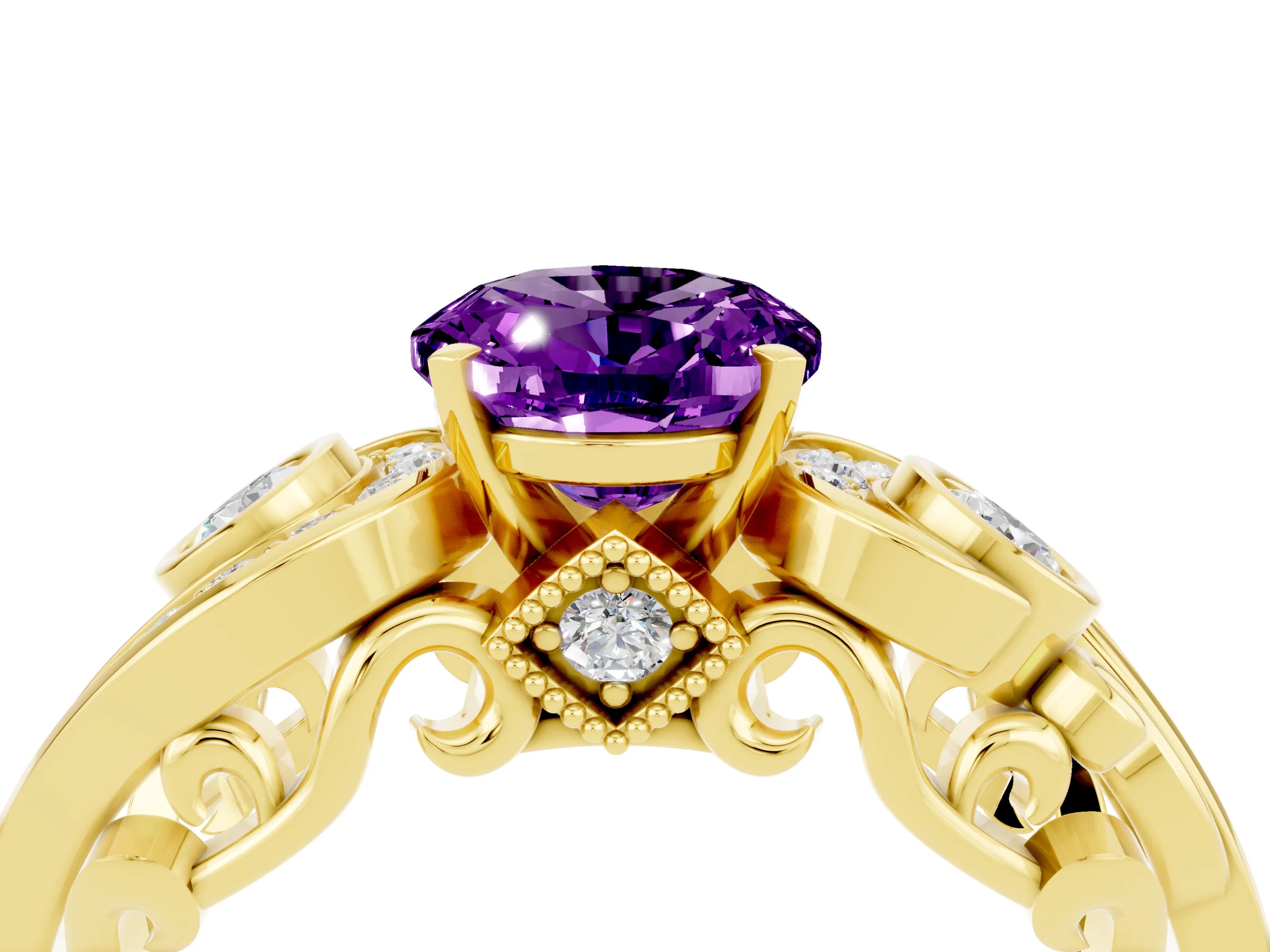 Yellow gold Oval Cut Amethyst Solitaire Ring with Milgrain Pavé Band and Four-Prong Setting_52
