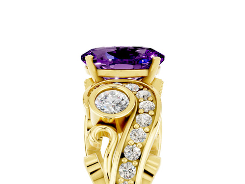 Yellow gold Oval Cut Amethyst Solitaire Ring with Milgrain Pavé Band and Four-Prong Setting_53