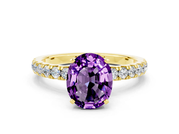 Yellow gold Oval Cut Amethyst Solitaire Ring with Pavé Accents and Four-Prong Setting