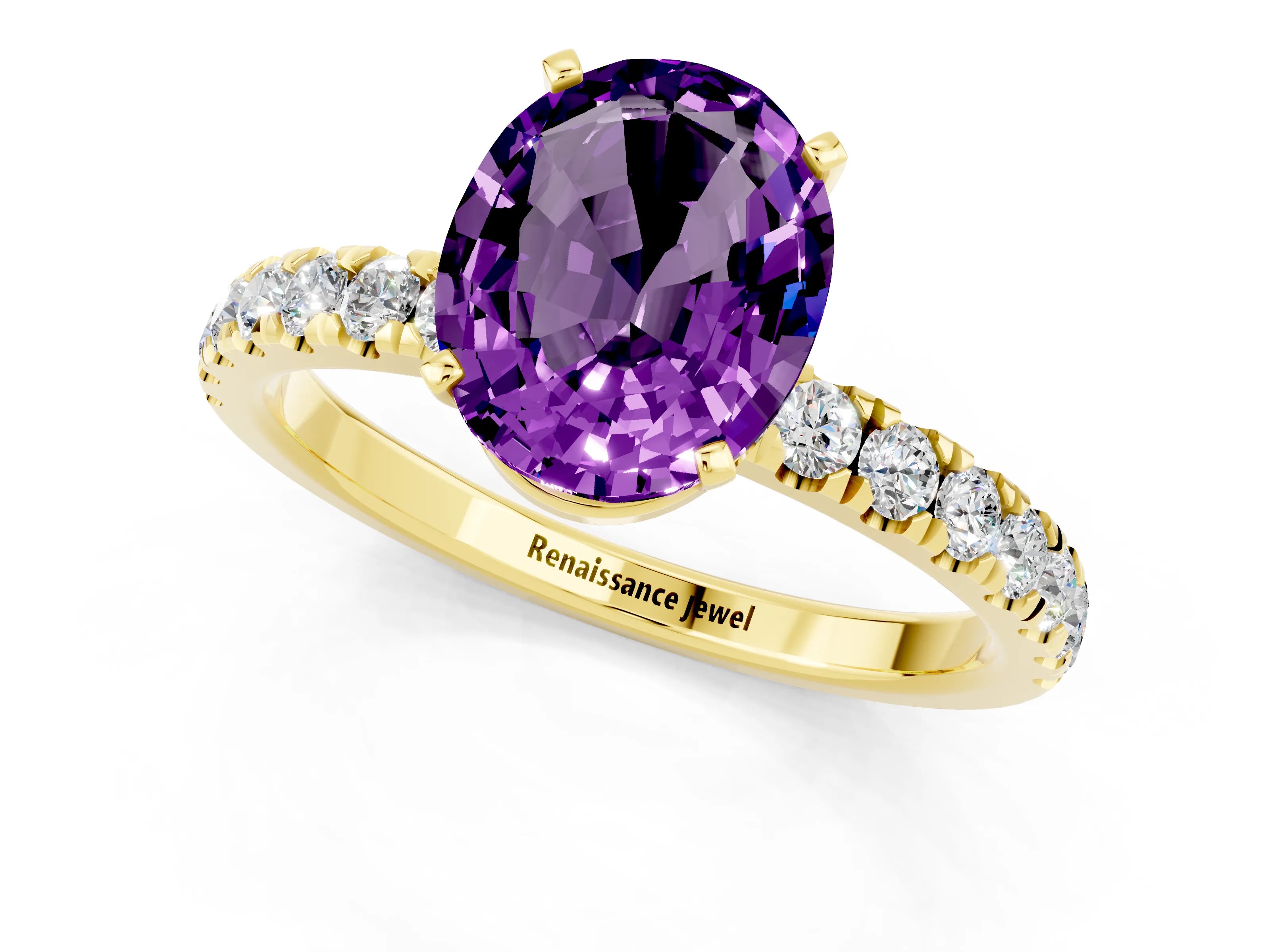 Yellow gold Oval Cut Amethyst Solitaire Ring with Pavé Accents and Four-Prong Setting_1