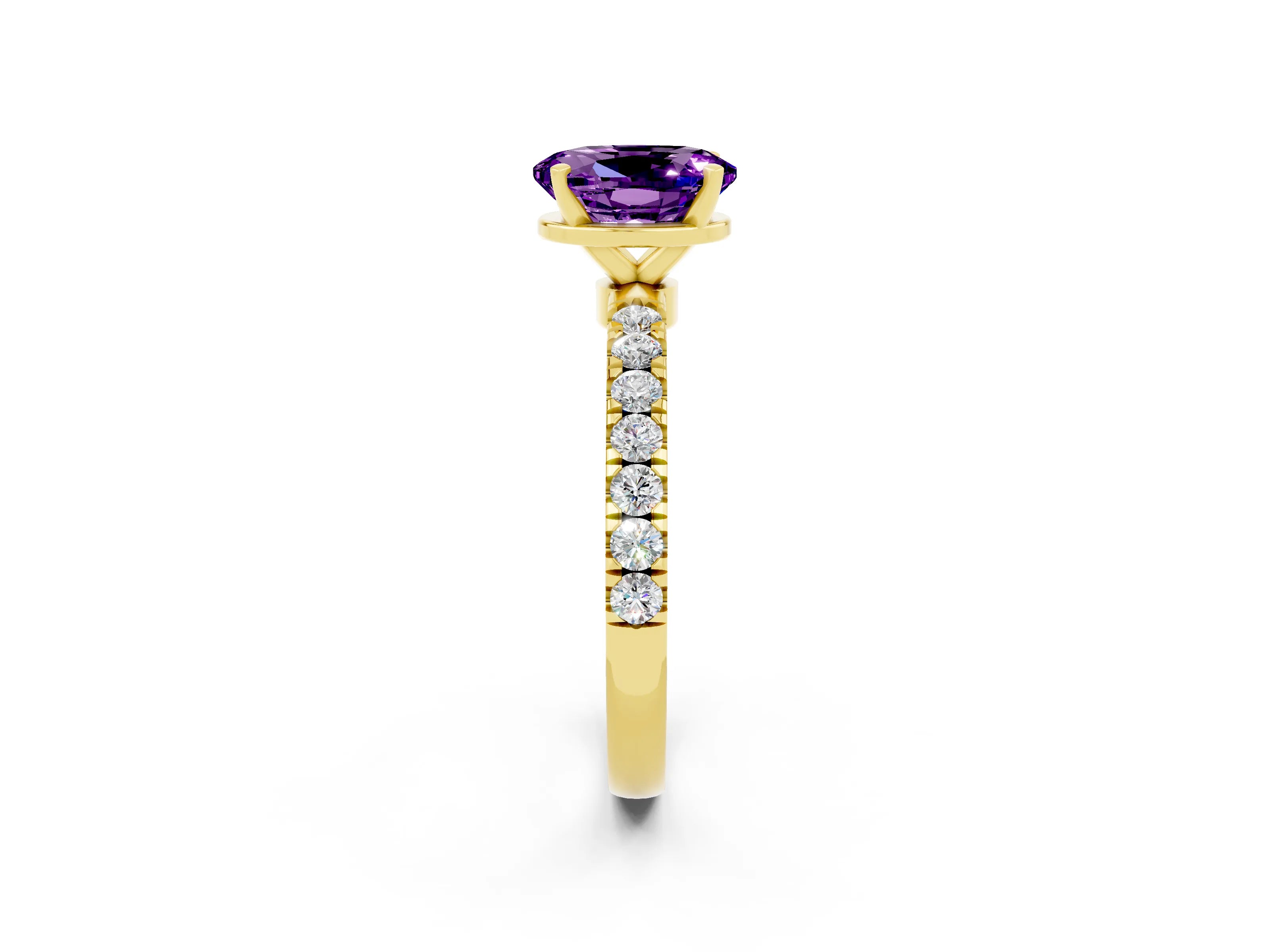 Yellow gold Oval Cut Amethyst Solitaire Ring with Pavé Accents and Four-Prong Setting_2