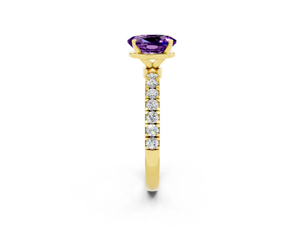 Yellow gold Oval Cut Amethyst Solitaire Ring with Pavé Accents and Four-Prong Setting