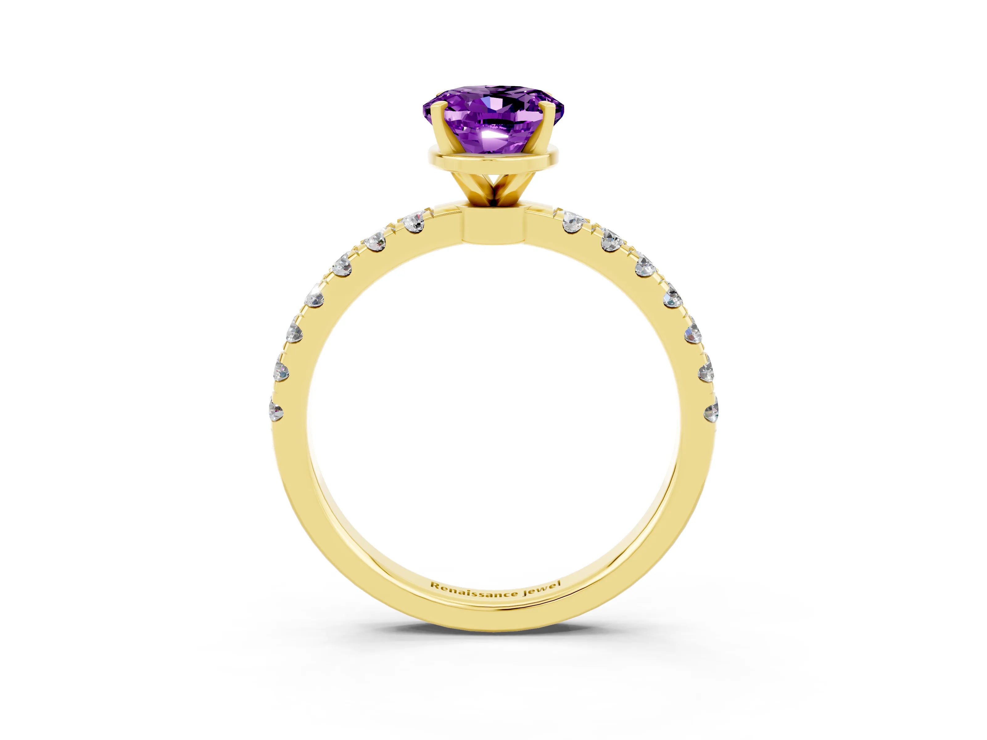 Yellow gold Oval Cut Amethyst Solitaire Ring with Pavé Accents and Four-Prong Setting_3