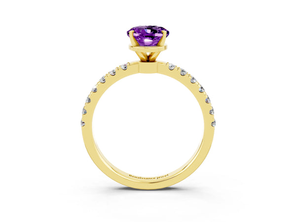 Yellow gold Oval Cut Amethyst Solitaire Ring with Pavé Accents and Four-Prong Setting