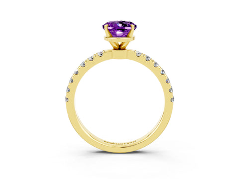 Yellow gold Oval Cut Amethyst Solitaire Ring with Pavé Accents and Four-Prong Setting_3