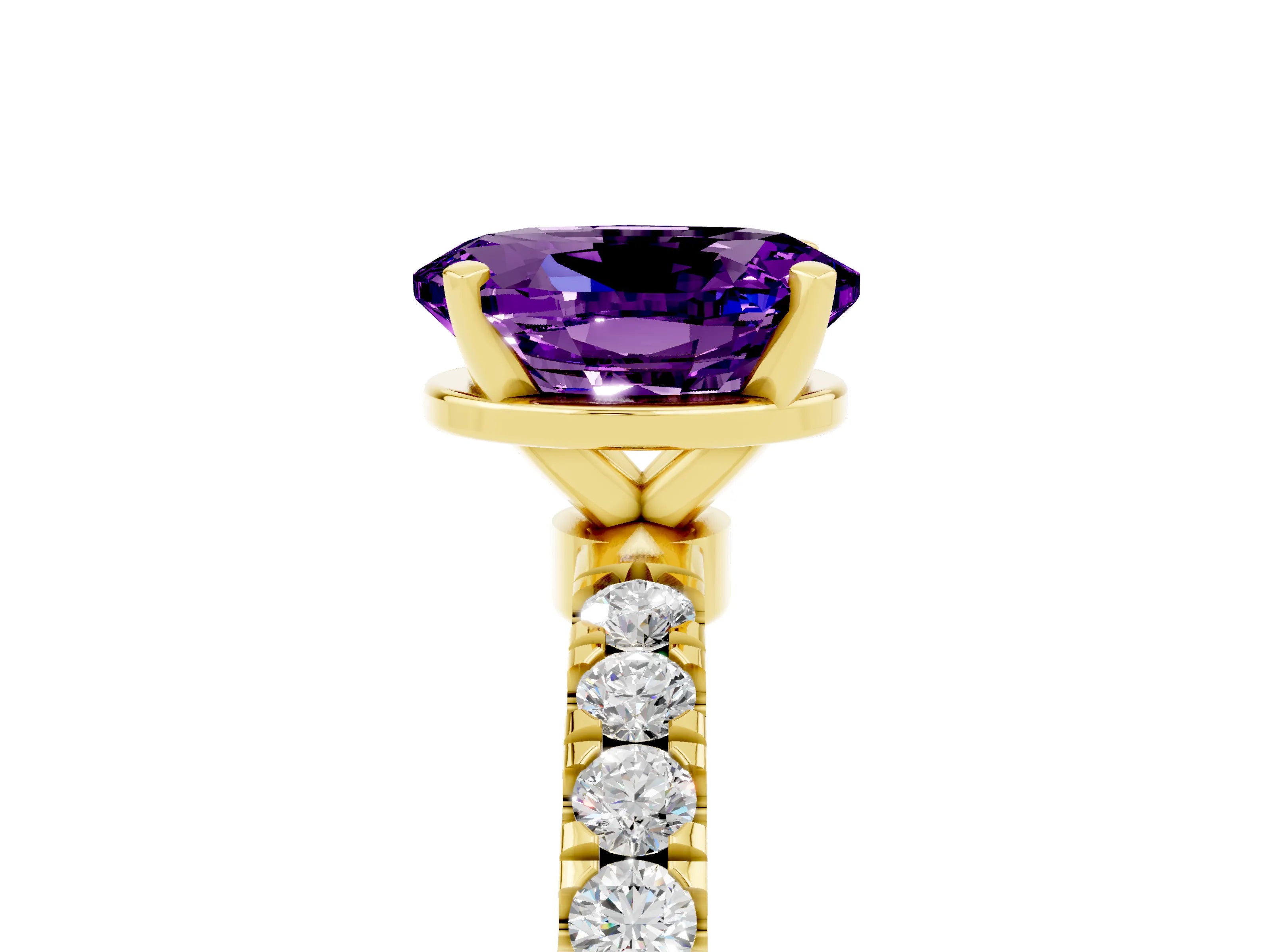 Yellow gold Oval Cut Amethyst Solitaire Ring with Pavé Accents and Four-Prong Setting_5