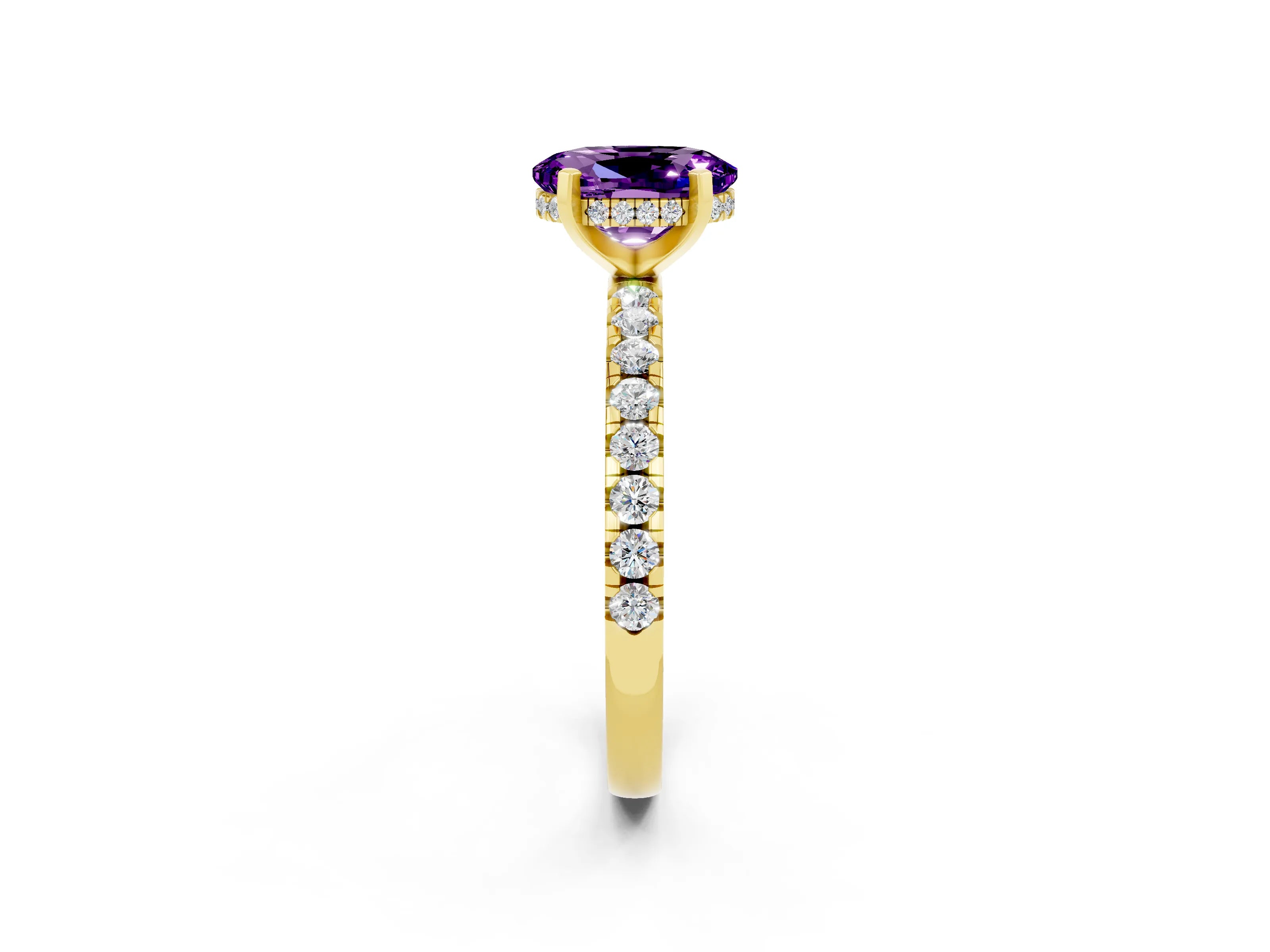 Yellow gold Oval Cut Amethyst Solitaire Ring with Pavé Band and Four-Prong Setting_26
