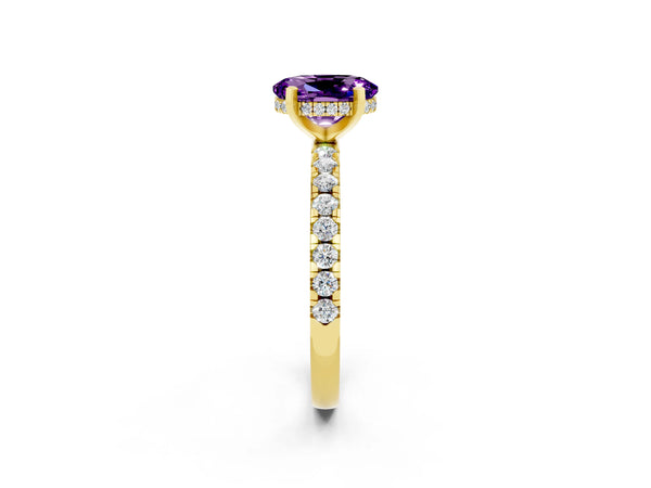 Yellow gold Oval Cut Amethyst Solitaire Ring with Round  Pavé Band and Four-Prong Setting