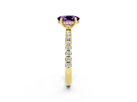 Yellow gold Oval Cut Amethyst Solitaire Ring with Pavé Band and Four-Prong Setting_26