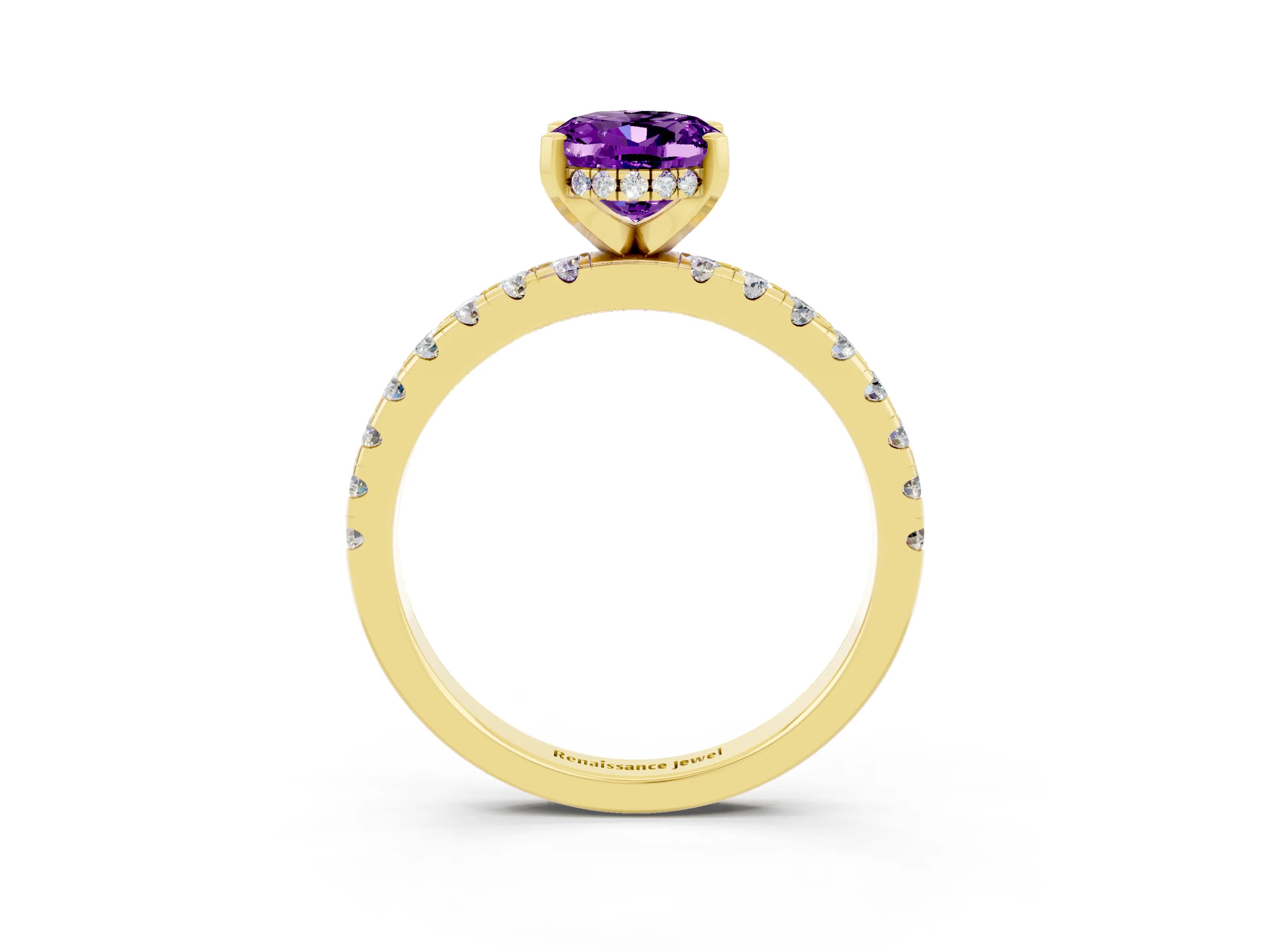 Yellow gold Oval Cut Amethyst Solitaire Ring with Pavé Band and Four-Prong Setting_27