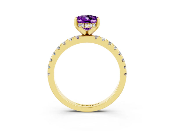 Yellow gold Oval Cut Amethyst Solitaire Ring with Round  Pavé Band and Four-Prong Setting