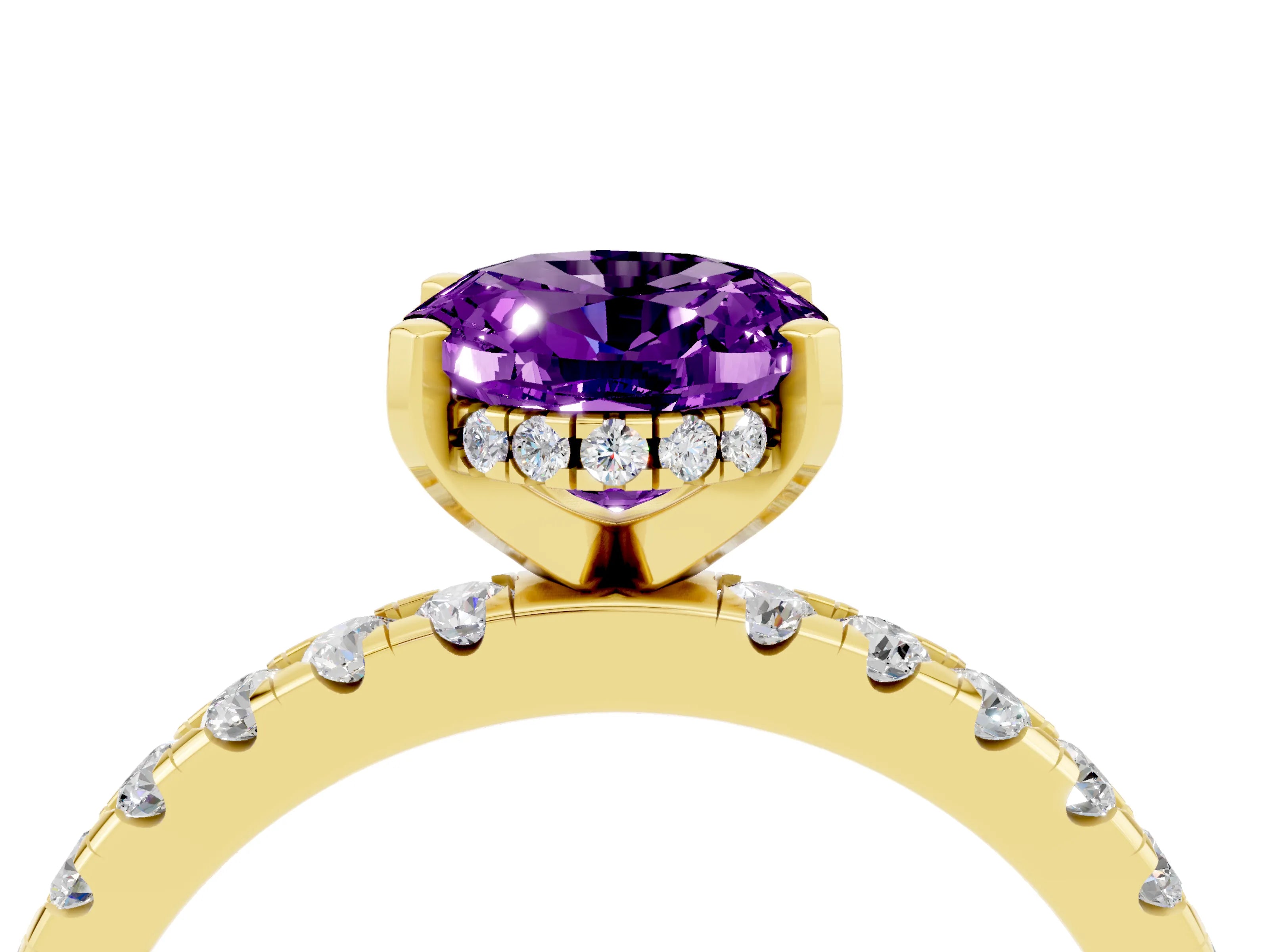 Yellow gold Oval Cut Amethyst Solitaire Ring with Pavé Band and Four-Prong Setting_28