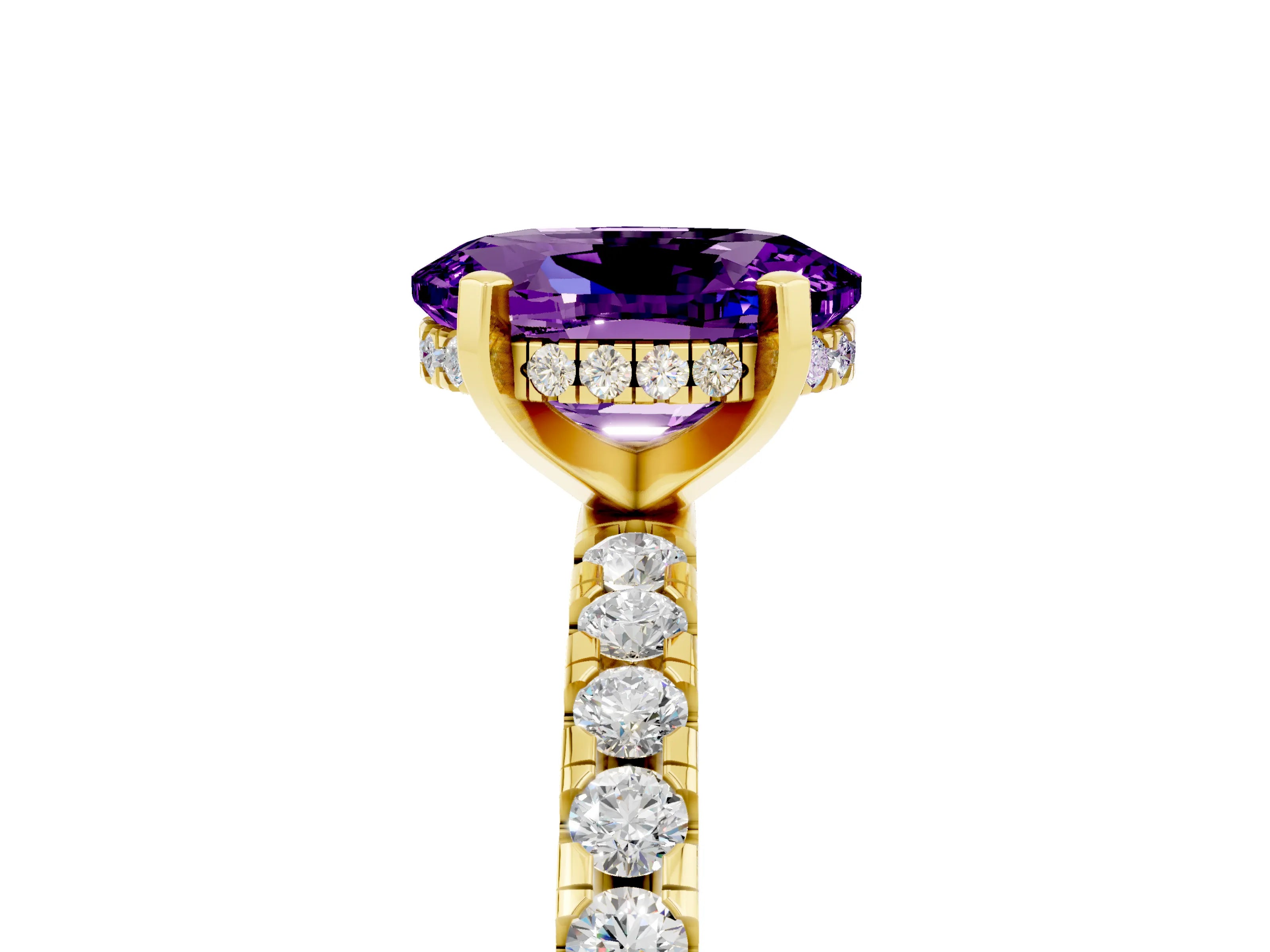 Yellow gold Oval Cut Amethyst Solitaire Ring with Pavé Band and Four-Prong Setting_29