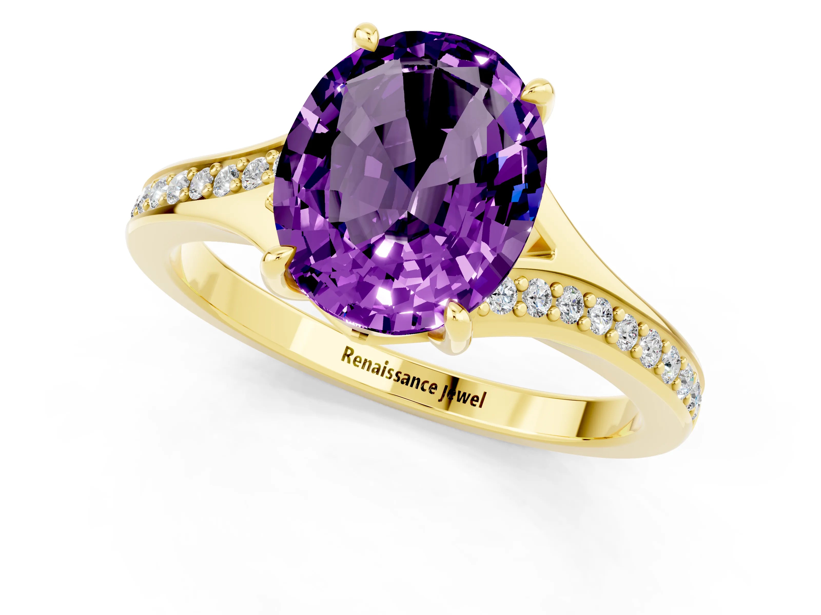 Yellow gold Oval Cut Amethyst Solitaire Ring with Pavé Band and Prong Setting_1