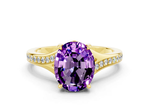 Yellow gold Oval Cut Amethyst Solitaire Ring with Pavé Band and Prong Setting_12