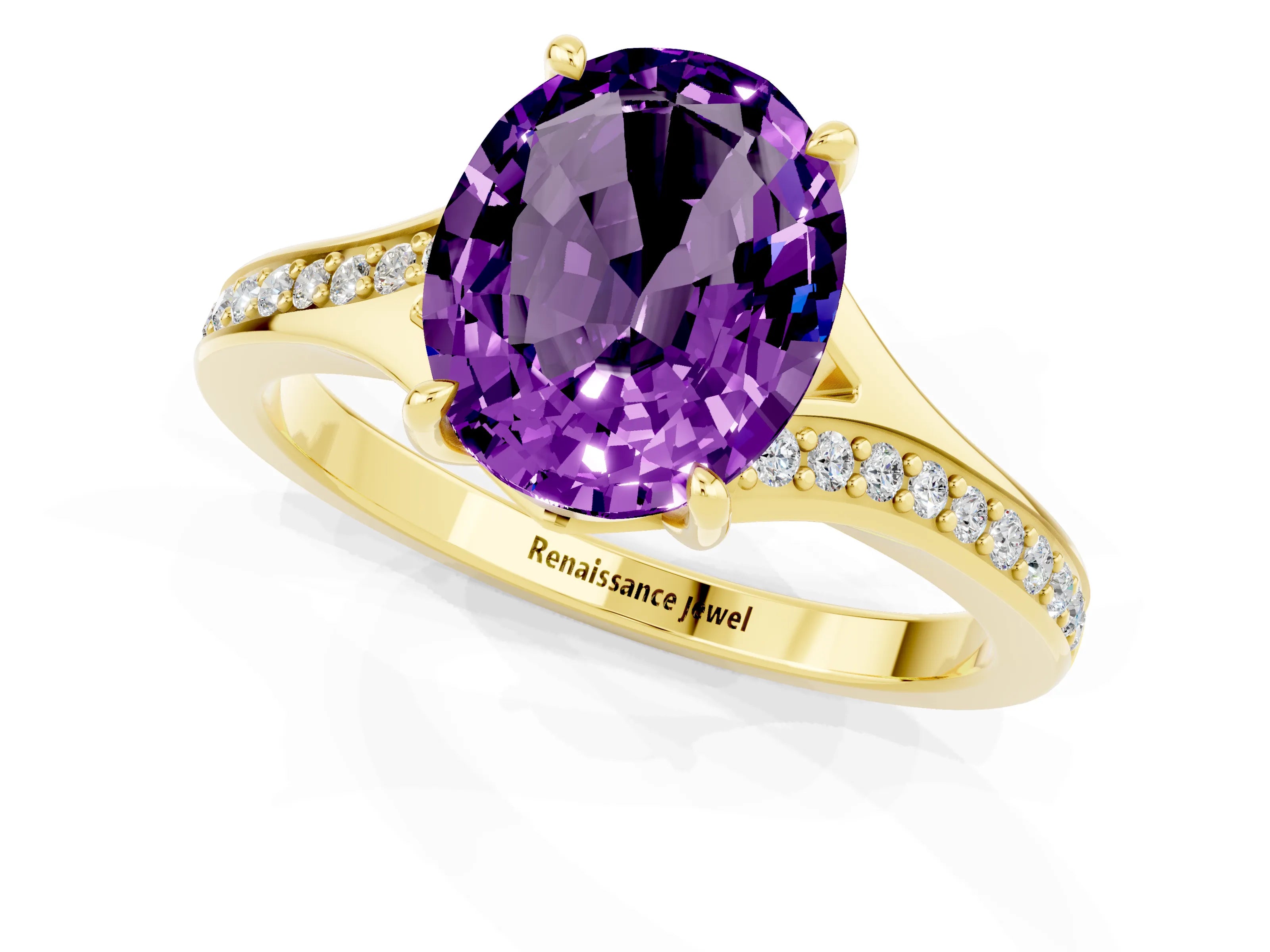 Yellow gold Oval Cut Amethyst Solitaire Ring with Pavé Band and Prong Setting_13
