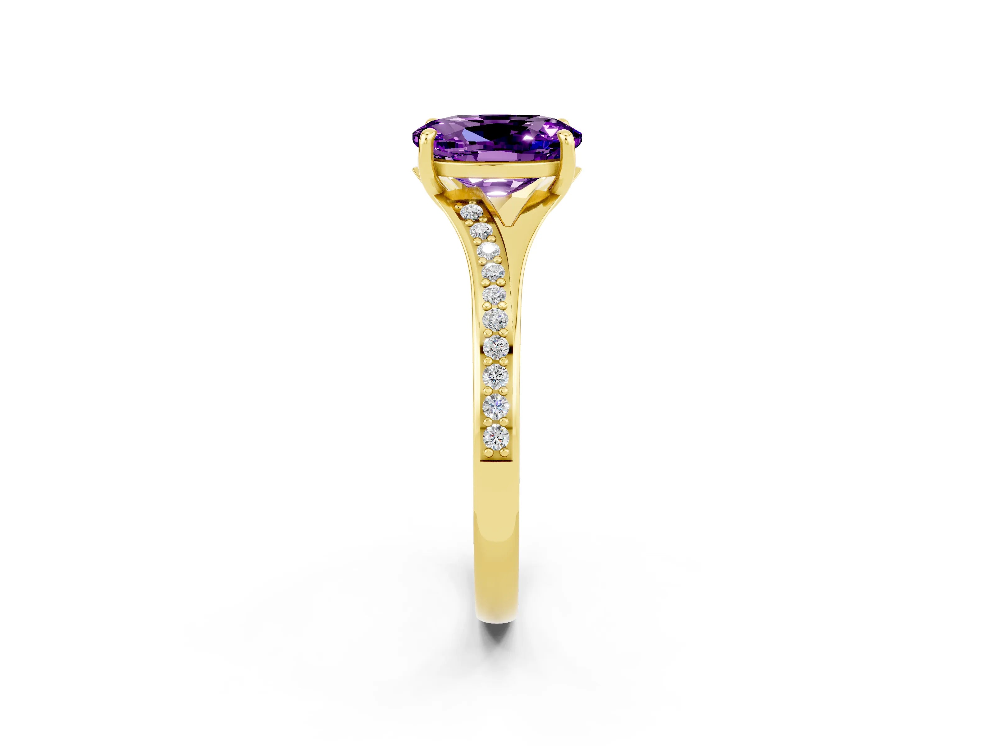 Yellow gold Oval Cut Amethyst Solitaire Ring with Pavé Band and Prong Setting_14