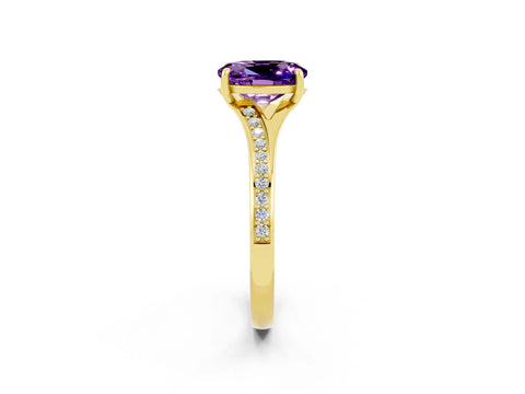 Yellow gold Oval Cut Amethyst Solitaire Ring with Pavé Band and Prong Setting_14