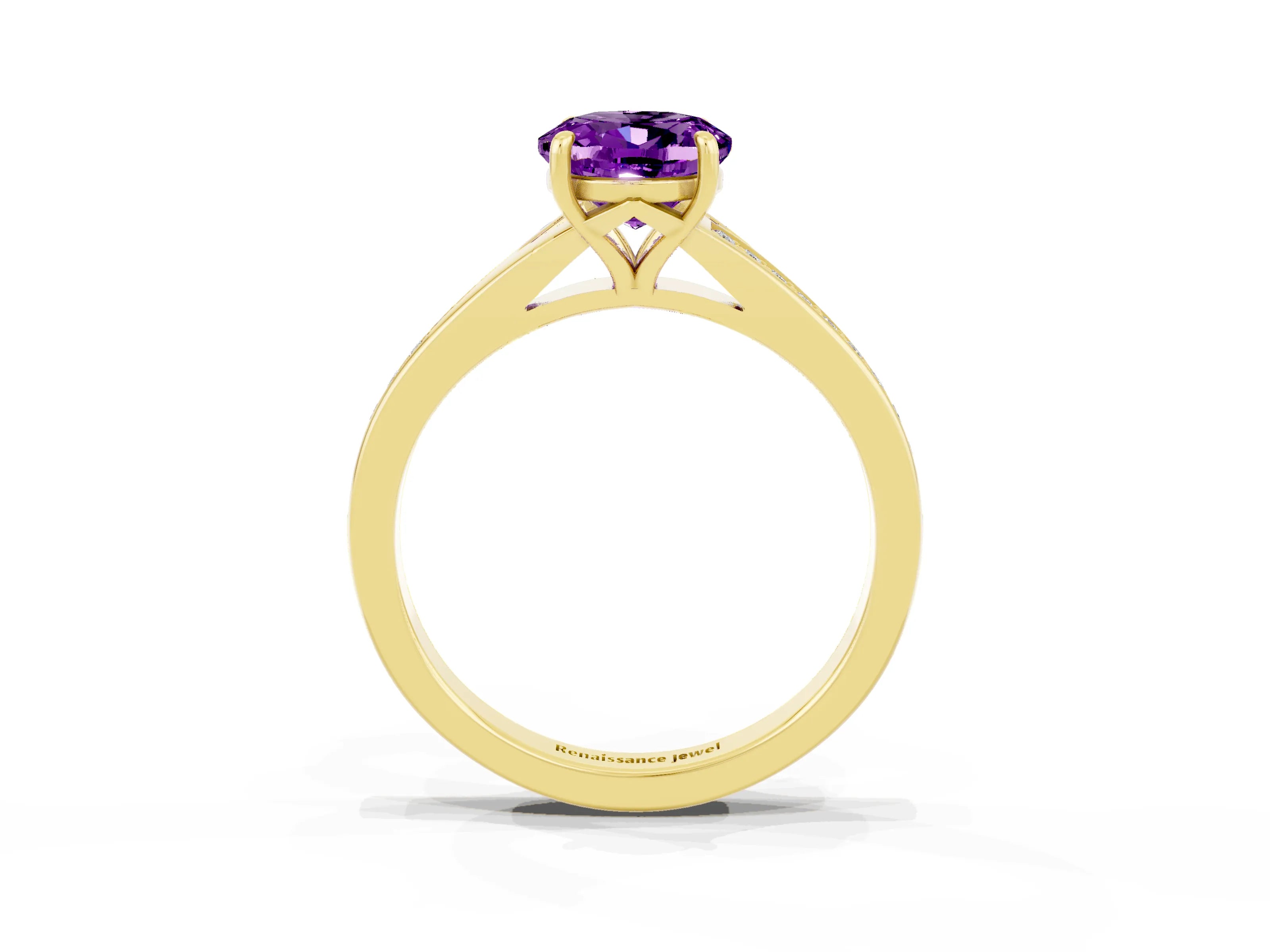 Yellow gold Oval Cut Amethyst Solitaire Ring with Pavé Band and Prong Setting_15