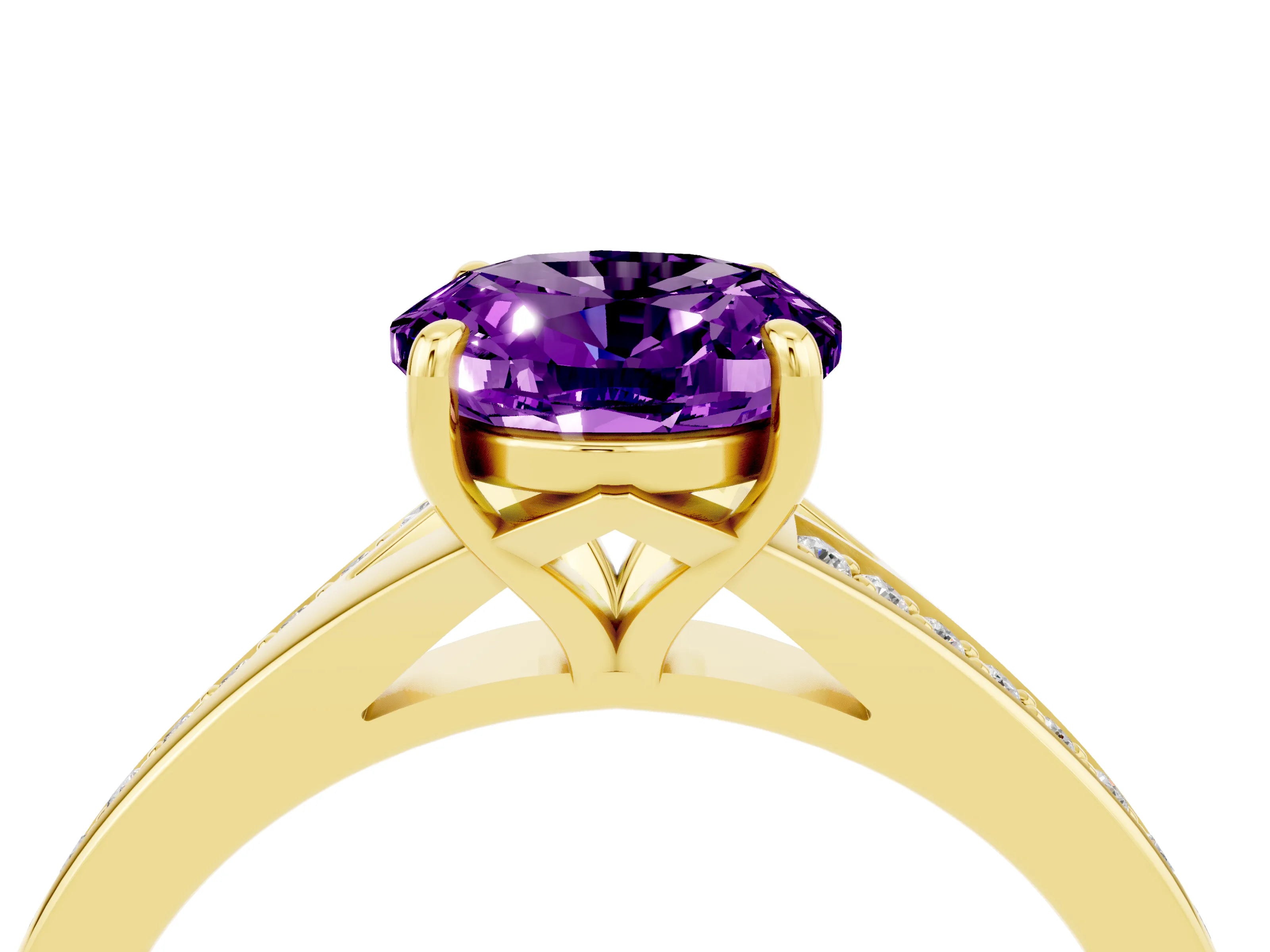 Yellow gold Oval Cut Amethyst Solitaire Ring with Pavé Band and Prong Setting_16
