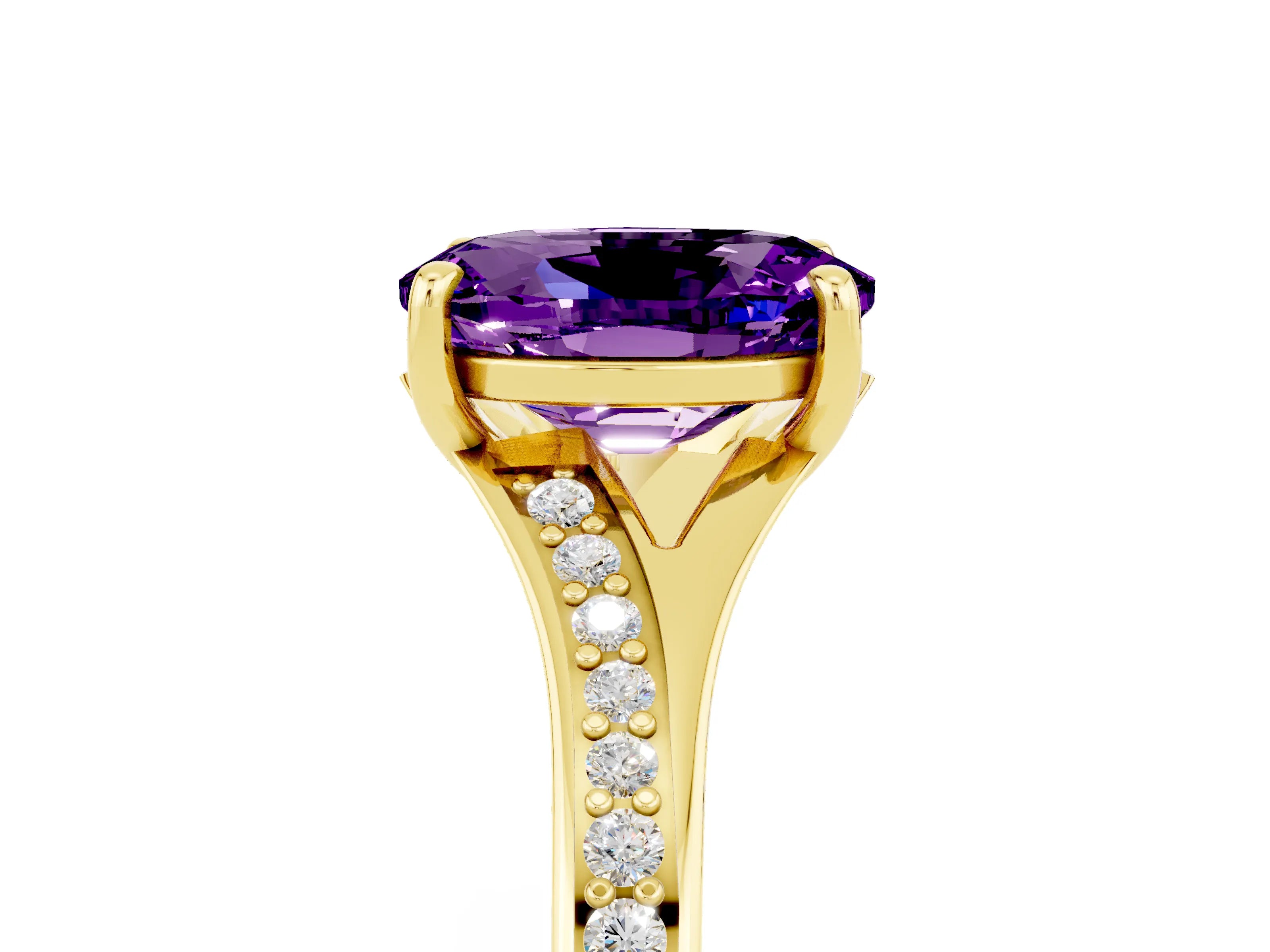 Yellow gold Oval Cut Amethyst Solitaire Ring with Pavé Band and Prong Setting_17