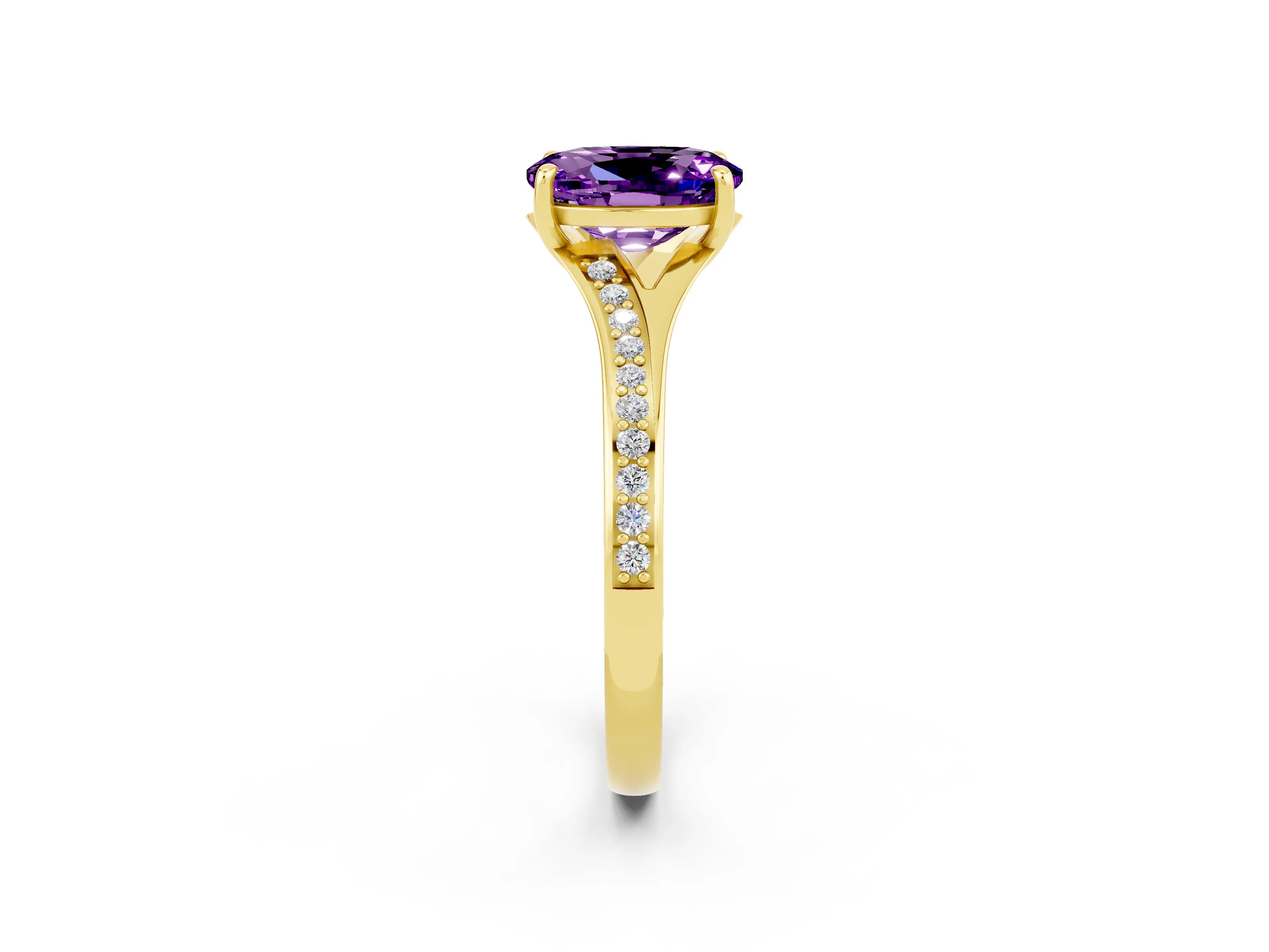 Yellow gold Oval Cut Amethyst Solitaire Ring with Pavé Band and Prong Setting_2