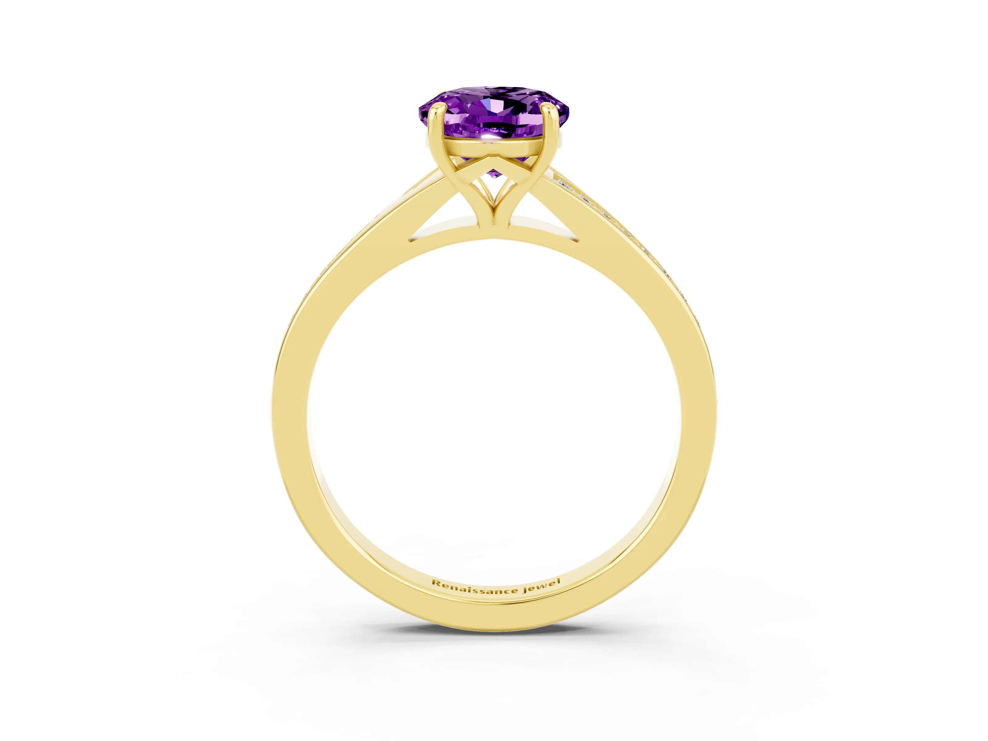 Yellow gold Oval Cut Amethyst Solitaire Ring with Pavé Band and Prong Setting_3