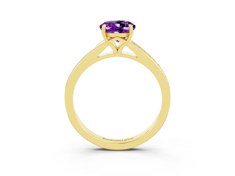 Yellow gold Oval Cut Amethyst Solitaire Ring with Pavé Band and Prong Setting_3