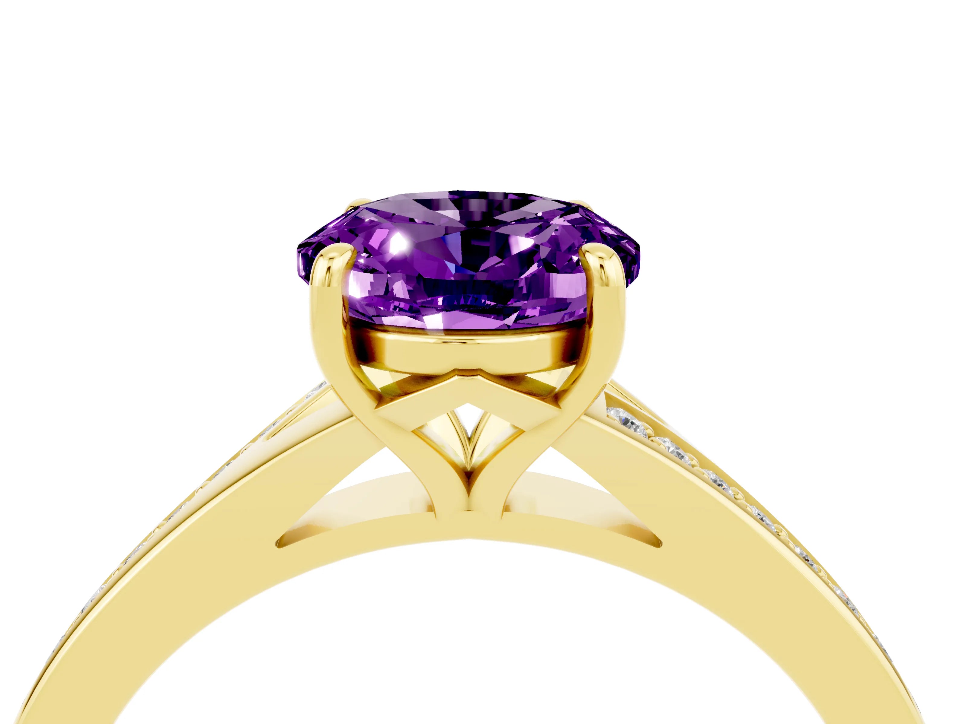 Yellow gold Oval Cut Amethyst Solitaire Ring with Pavé Band and Prong Setting_4
