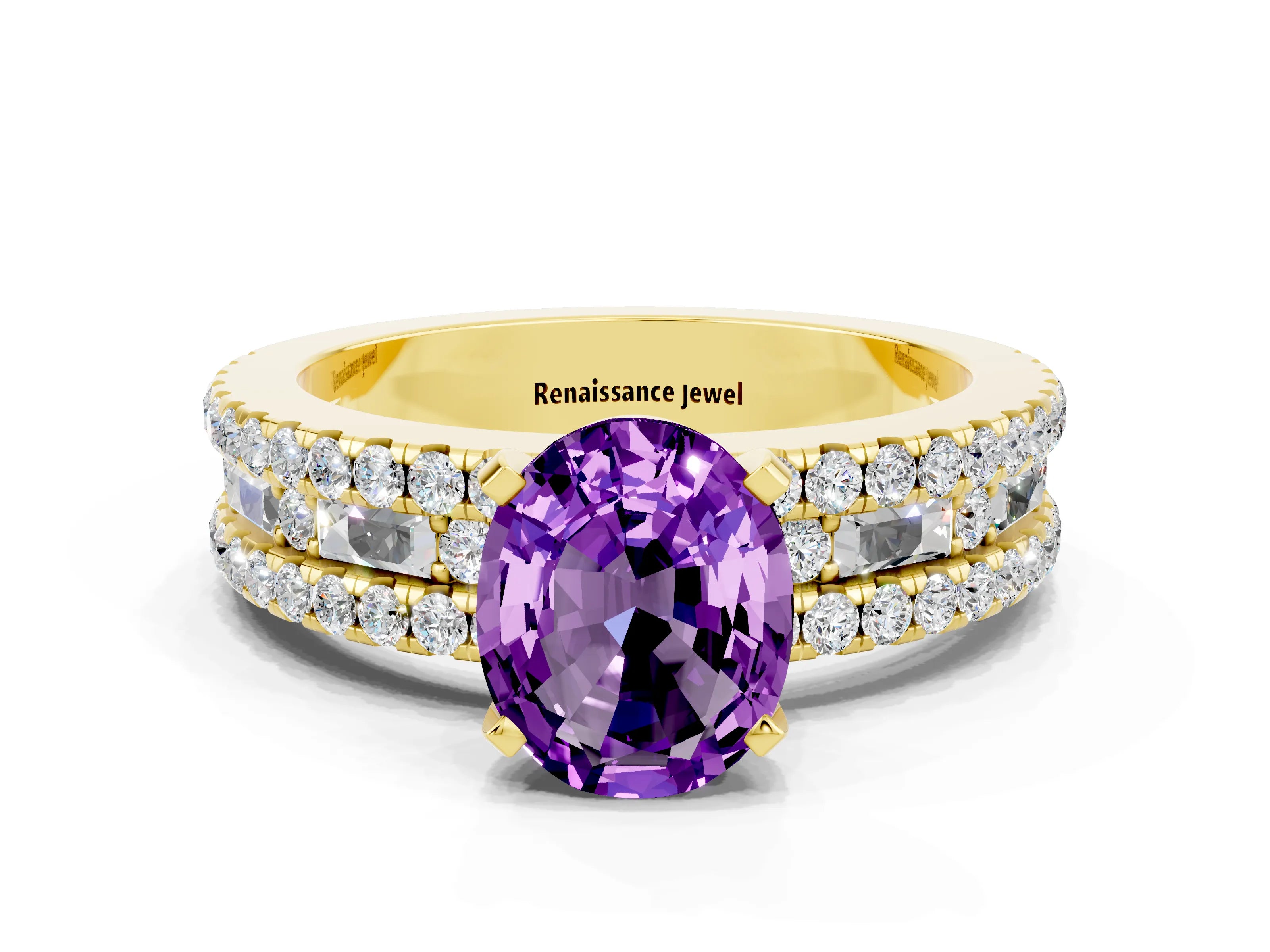 Yellow gold Oval Cut Amethyst Solitaire Ring with Pavé and Channel Set Band