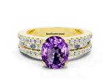Yellow gold Oval Cut Amethyst Solitaire Ring with Pavé and Channel Set Band