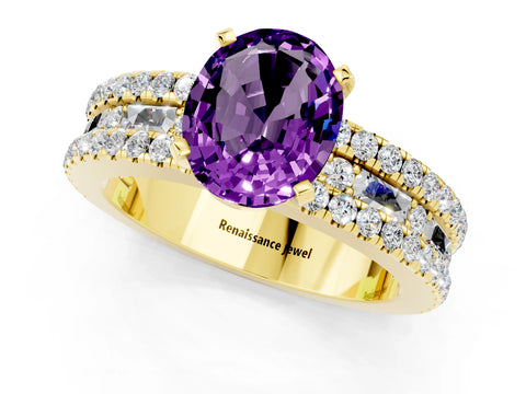Yellow gold Oval Cut Amethyst Solitaire Ring with Pavé and Channel Set Band_1