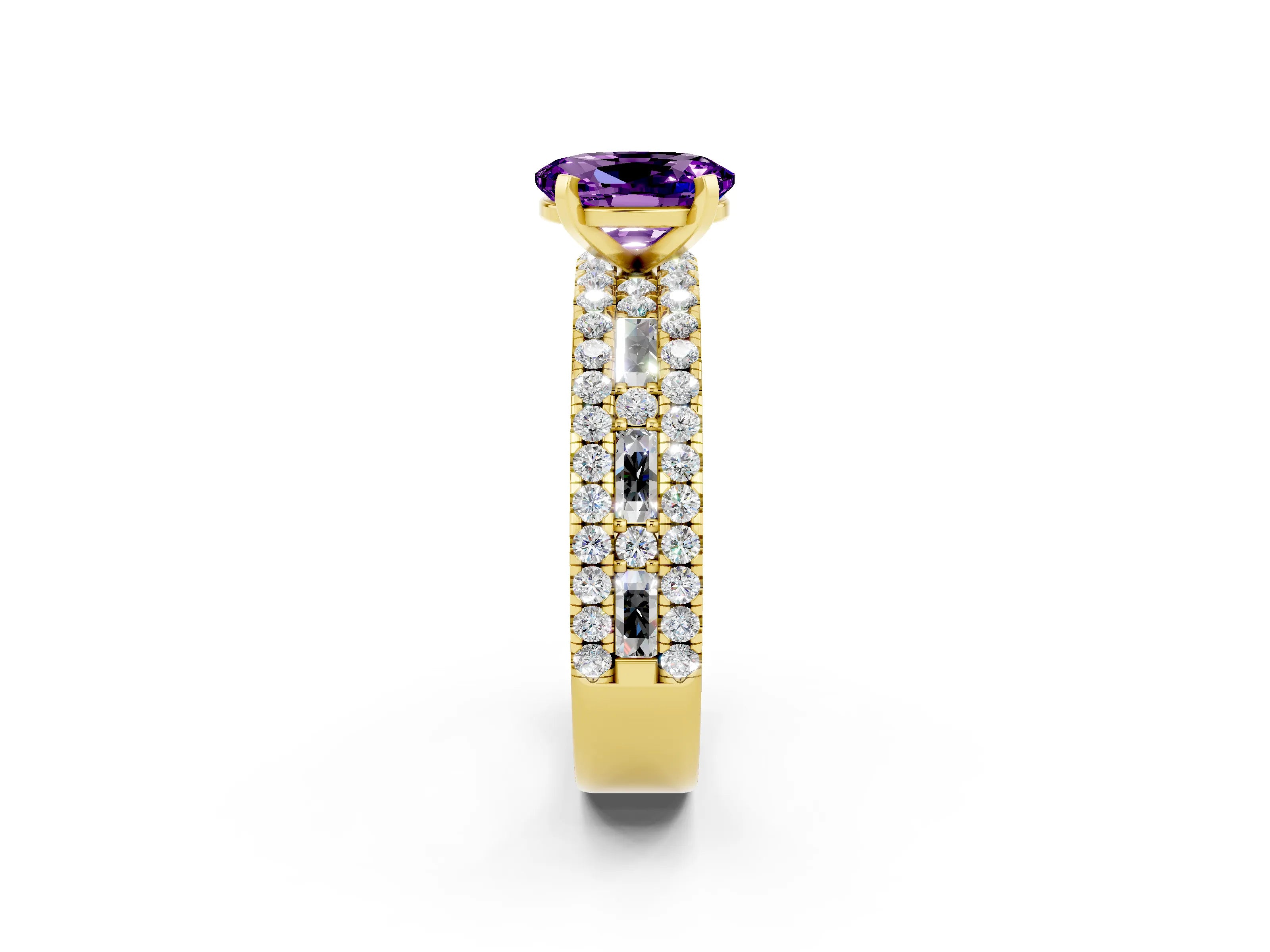 Yellow gold Oval Cut Amethyst Solitaire Ring with Pavé and Channel Set Band_2